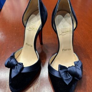 Christian Louboutin Navy Velvet D'Orsay Pumps with Bow and Red Sole